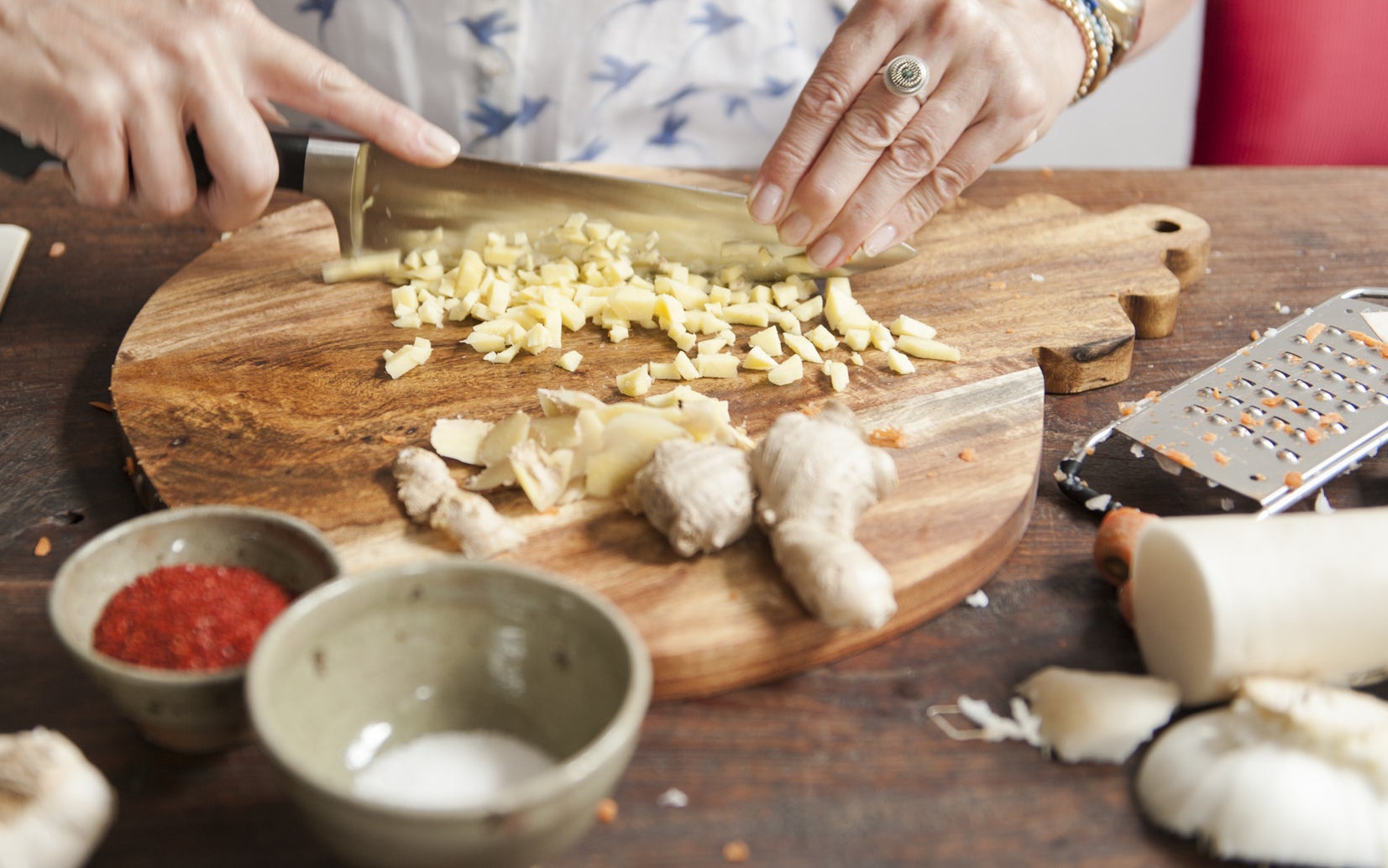 Chopping garlic for an Asian dish.