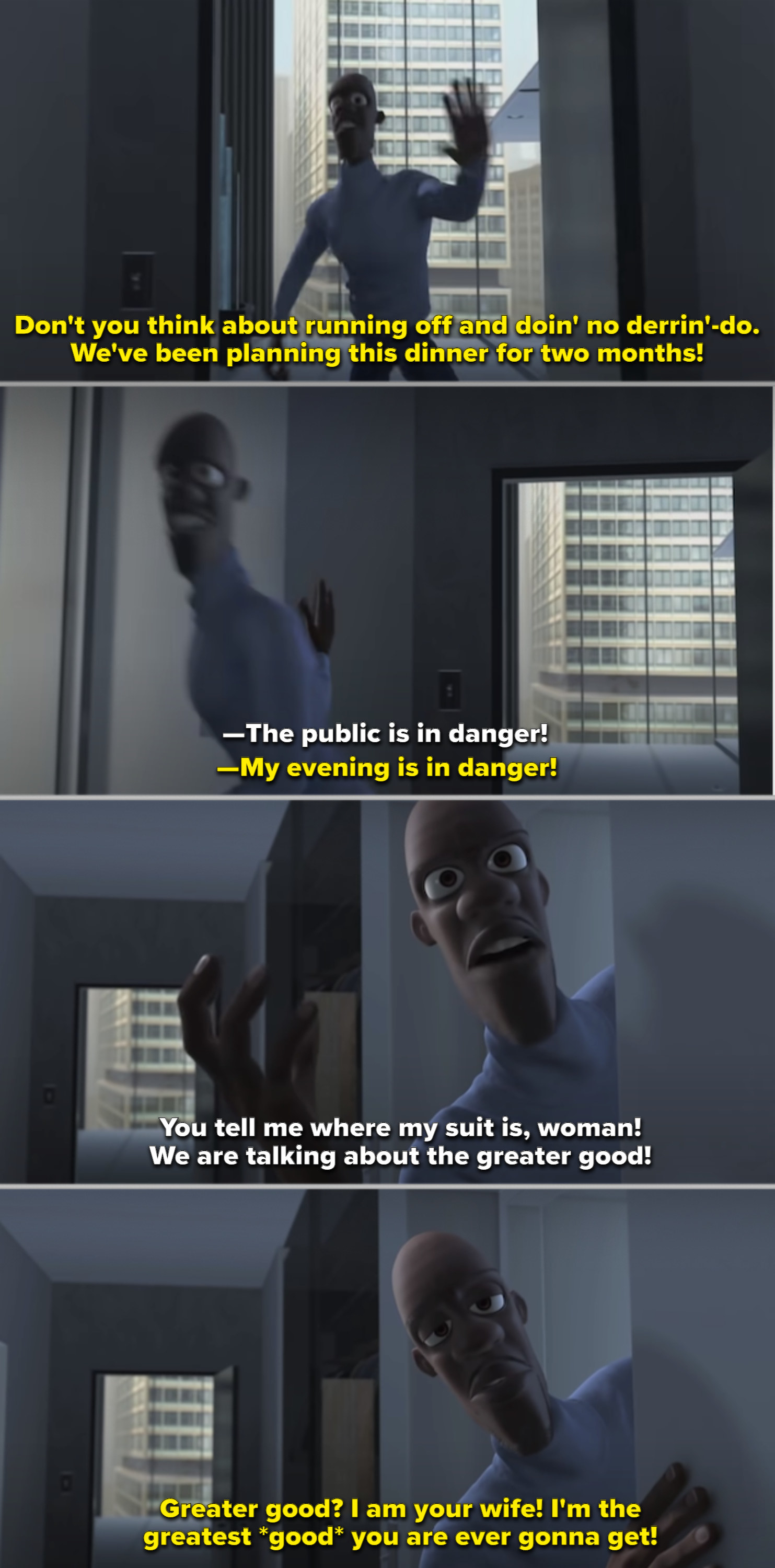 Frozone talking to his wife in his apartment