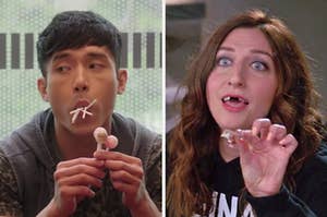 On the left, Jason from "The Good Place" with lollipops in his mouth, and on the right, Gina from "Brooklyn Nine-Nine" pulling fake teeth out of her mouth