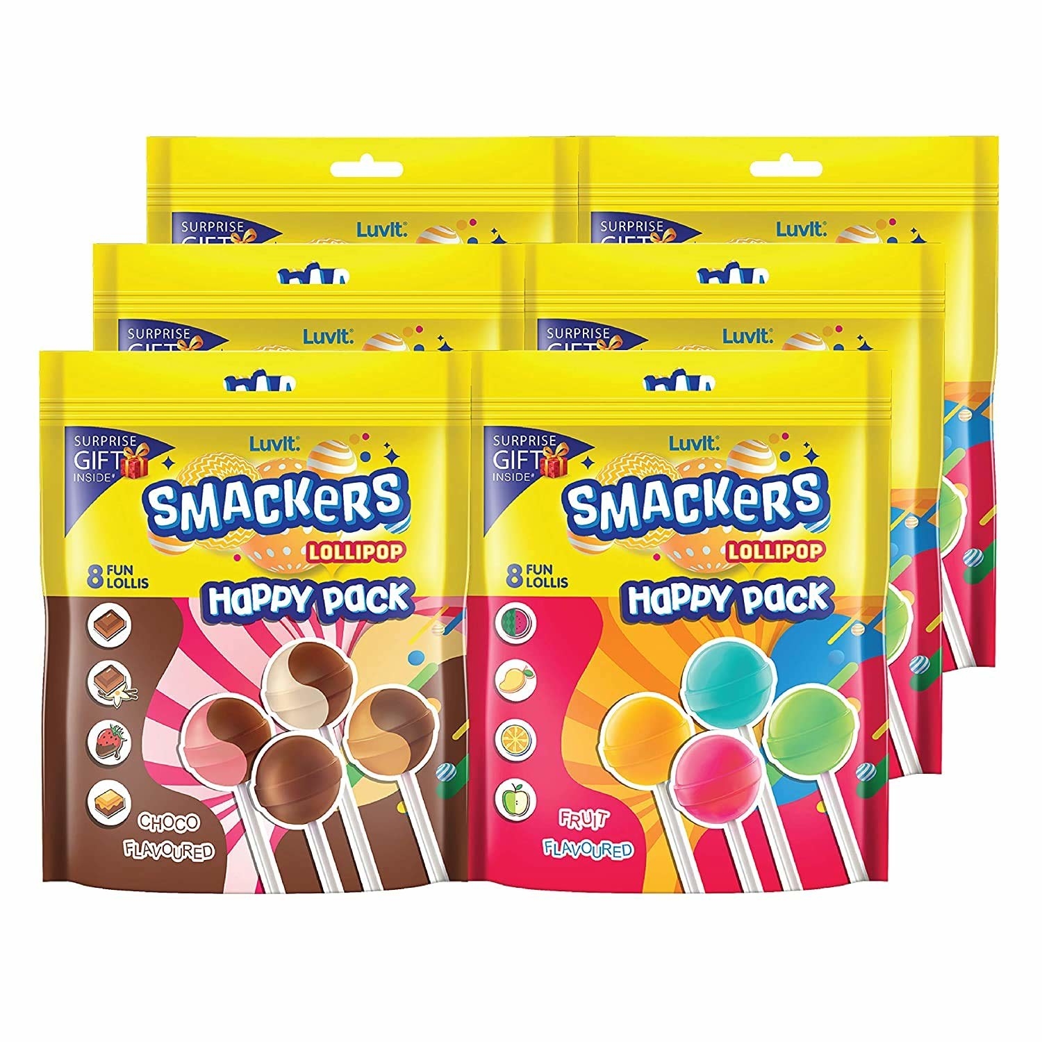 6 packets of smackers lolips in 8 chocolate and fruit flavours