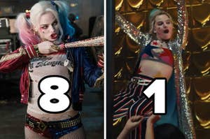 Harley in her Suicide Squad outfit at #8 and her clubbing sequin jacket outfit from Birds of Prey at #1
