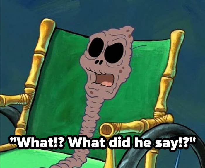 SpongeBob character asking, &quot;What, what did he say&quot;