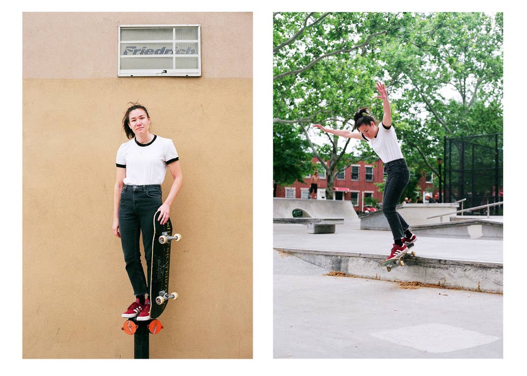 A woman standing on a fire hydrant and a photo of the same woman doing a trick on a skateboard