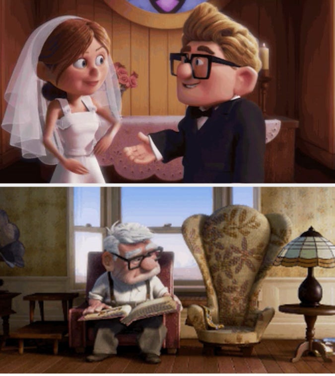Carl and Ellie getting married in &quot;Up&quot; and then Carl sitting in his chair alone after Ellie dies