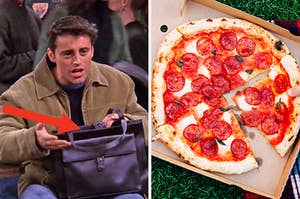 On the left, Joey from "Friends" holding a bag in his lap with an arrow pointing to it, and on the right, a box with pepperoni pizza on the grass