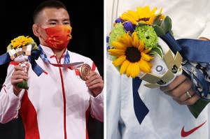 Left: An Olympic athlete poses with their medal and flowers during a victory ceremony; Right: A closeup of a hand holding the Olympic flower bouquet