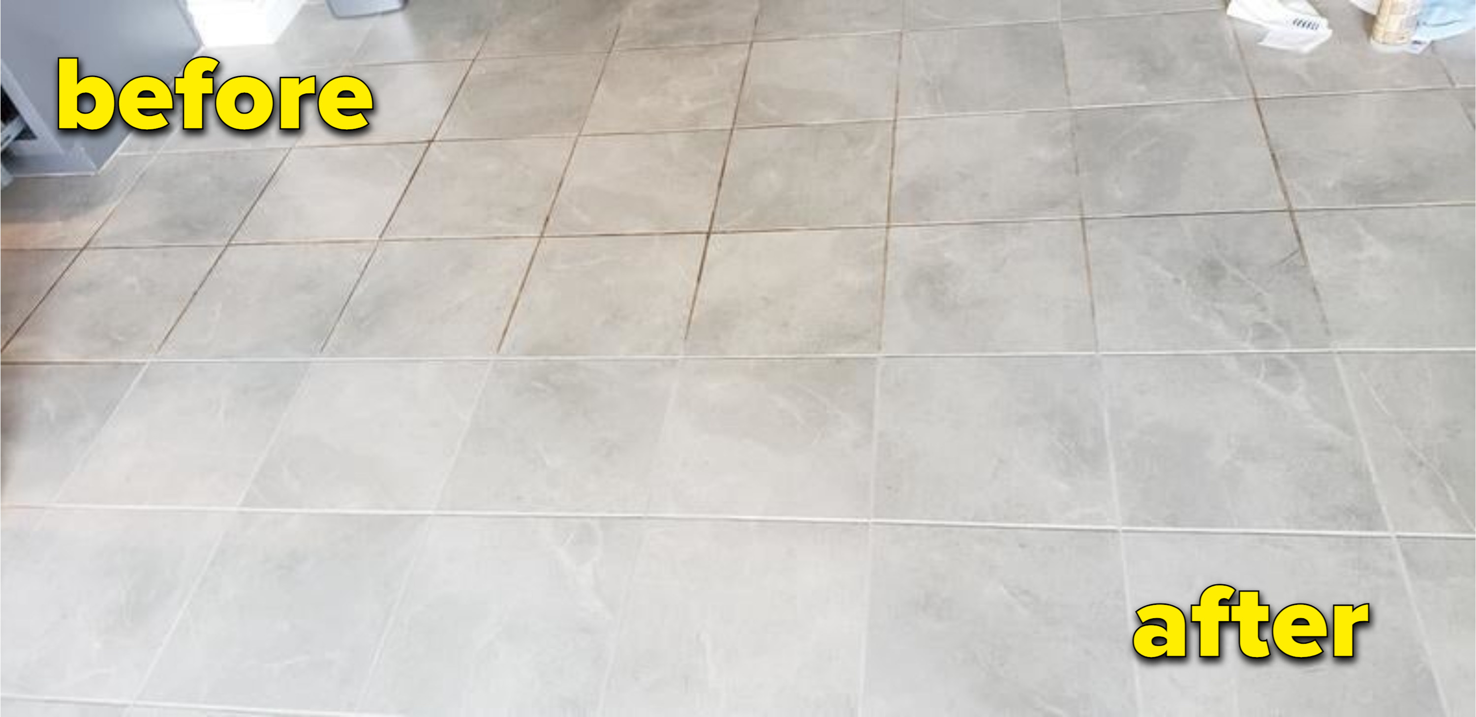 a reviewer before and after photo of the grout cleaner