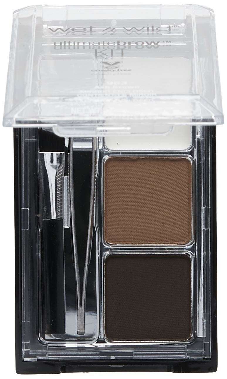 A wet n Wild brow kit that includes a soft wax that shapes brows, two setting powders for definition, a hard angle brush for easy application, and mini tweezers for stray hairs