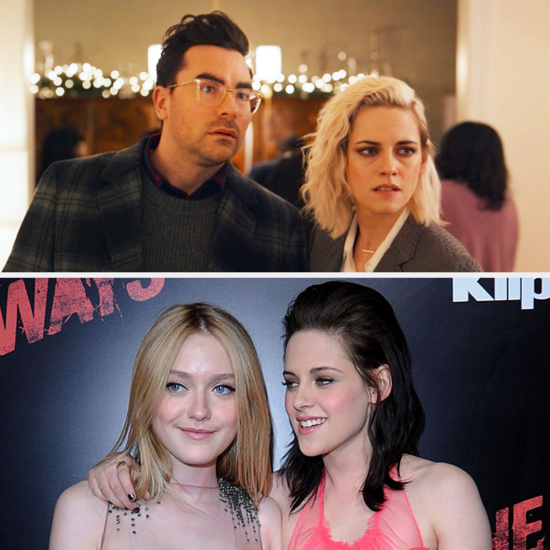 Above, Abby and John talk while looking around at a Christmas Eve party. Below, Stewart and Fanning pose at a red carpet event.