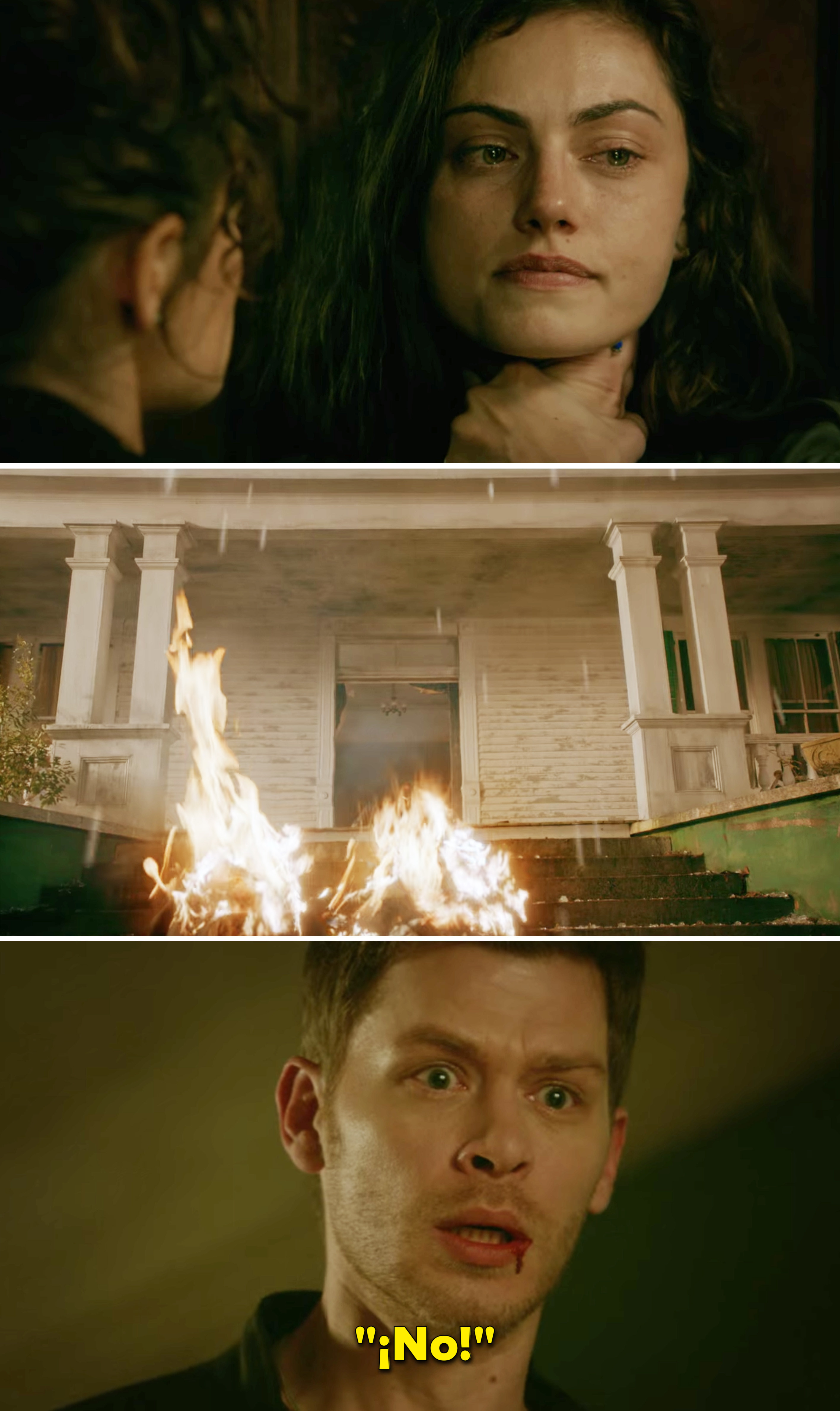 Klaus saying, &quot;No&quot; after Hayley catches fire after leaping out the door and into the sunlight