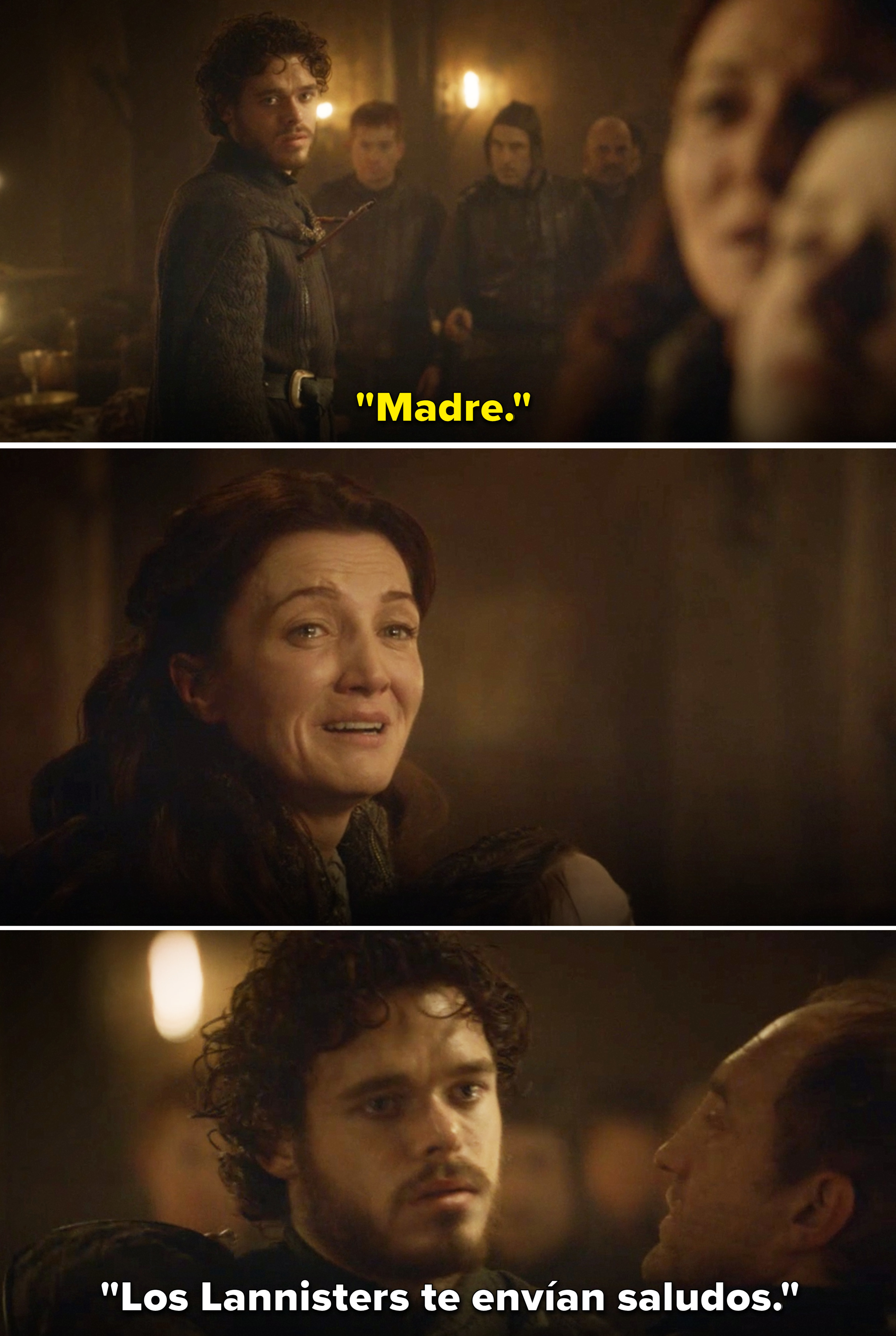 Robb uttering &quot;Mother&quot; before being stabbed and hearing, &quot;The Lannisters send their regards&quot;