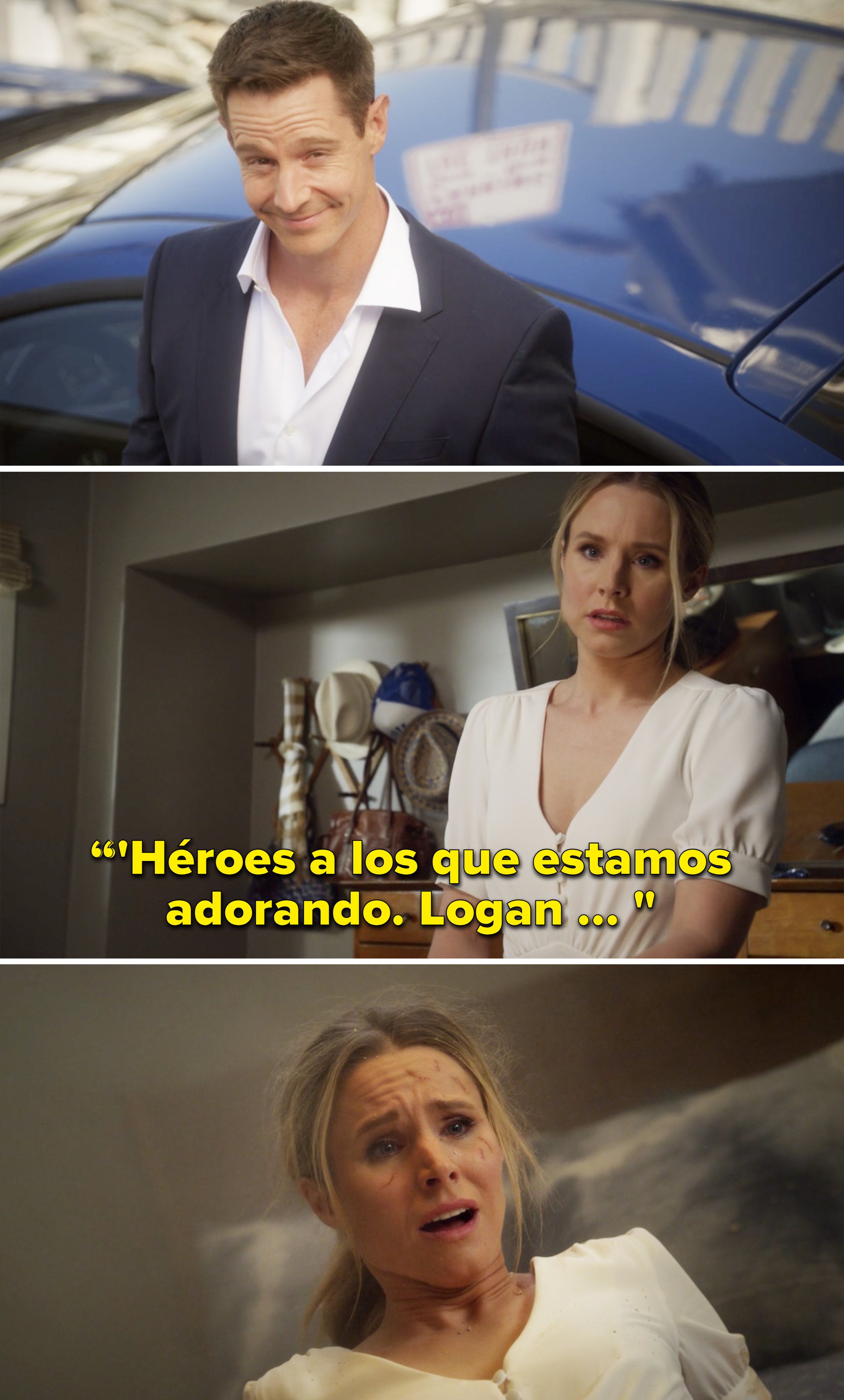 Veronica saying, &quot;Heroes upon whom we&#x27;re doting. Logan&quot; before looking shocked after an explosion
