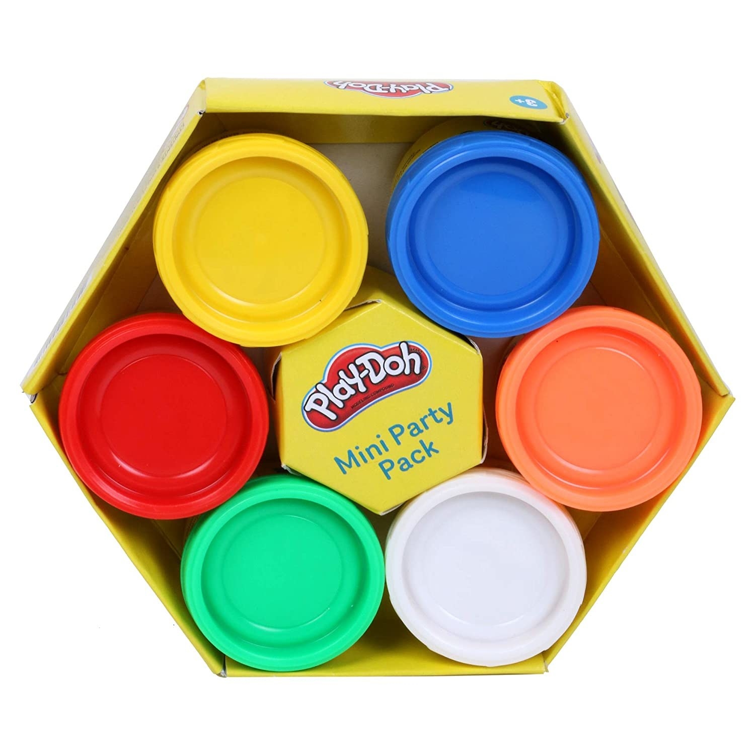 A box of play-doh sets with 6 differently coloured dough containers