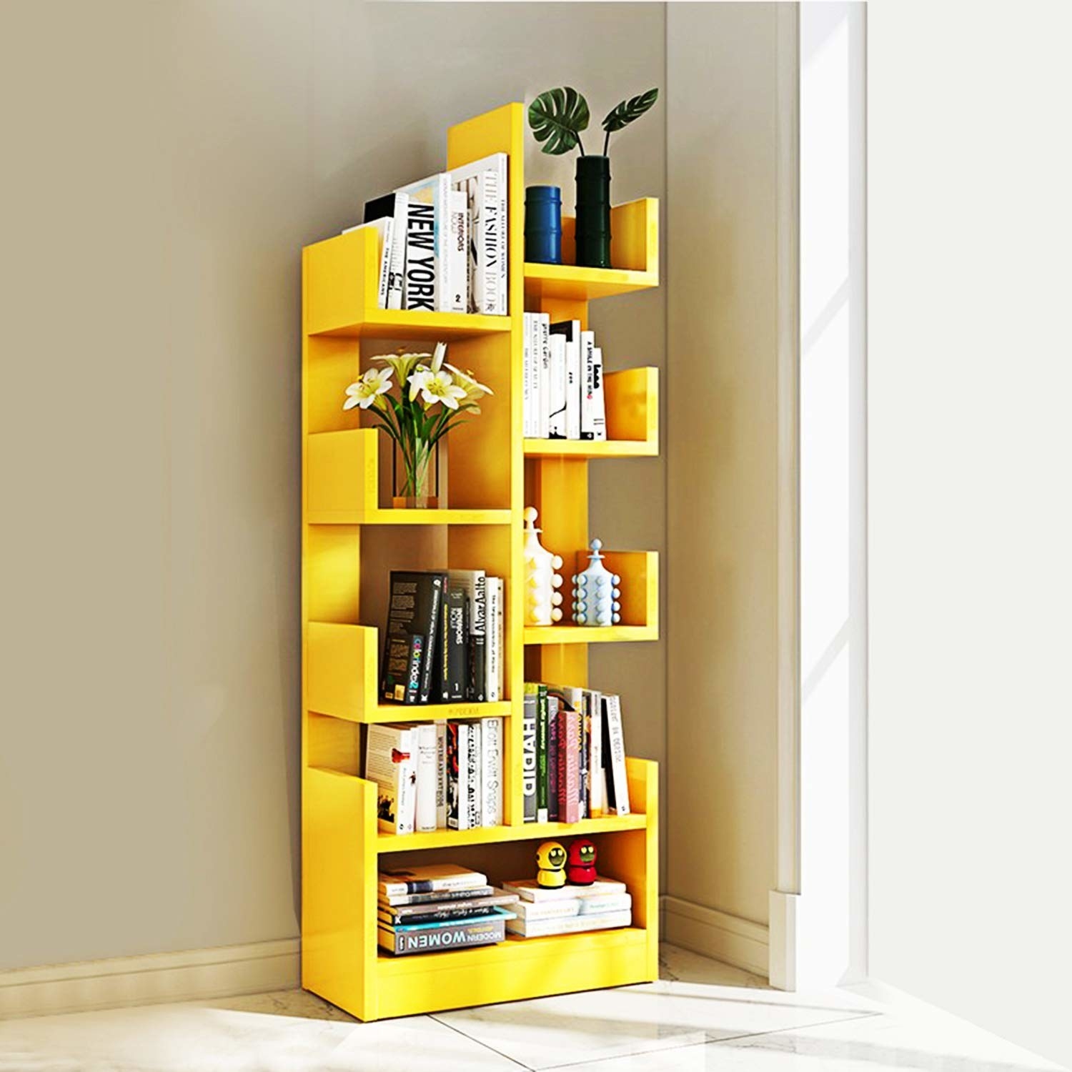 A yellow bookshelf with books in it