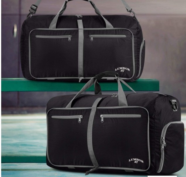 Foto de bolso de viaje en color negro con detalles en gris