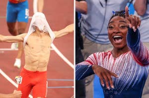 simone biles and a guy with a shirt over his eyes because he cant believe he won