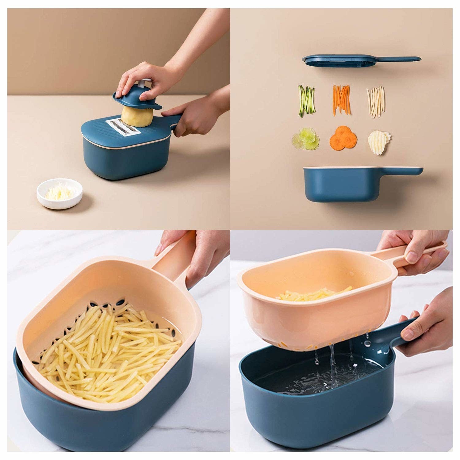 4 different images showing different uses of the appliance to chop, grate, strain and store food