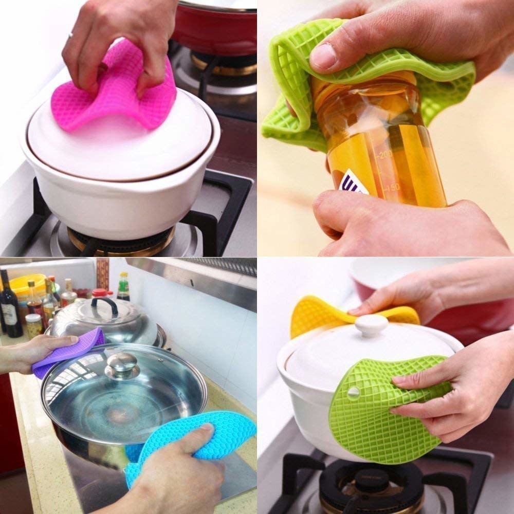 4 different images showing different use of the silicone heat pads for holding hot objects or unscrewing a jar
