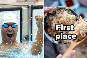 A swimmer is on the left cheering with brown rice on the right labeled, "first place"
