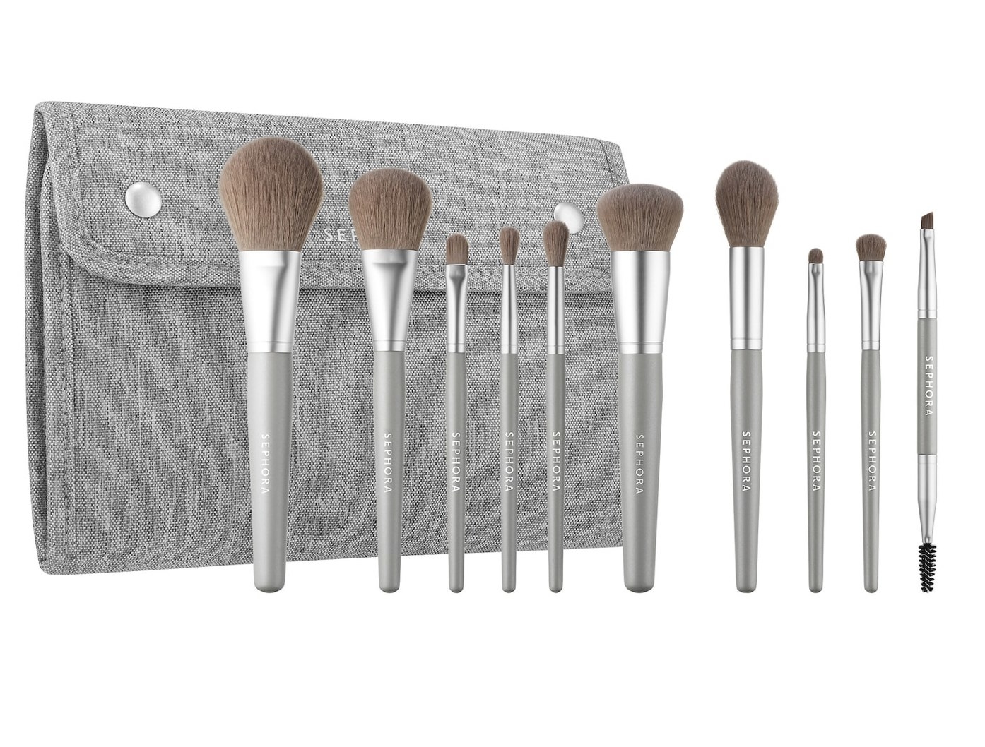 A set of grey makeup brushes with a pouch.
