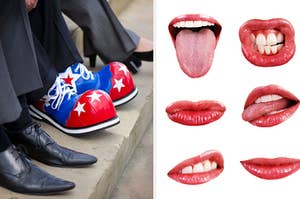 A man is wearing clown shoes on the right with several lips shown on the right