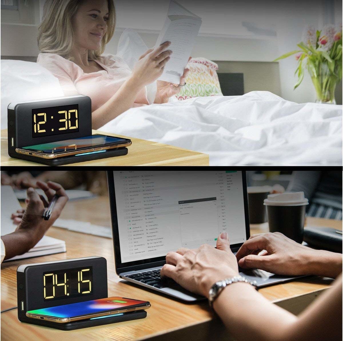 LED alarm clock and charger kept on bedside table and office desk