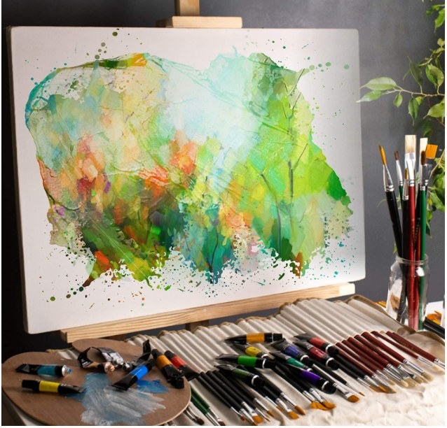 Foto de unos set de pinceles acompañado de pinturas y un lienzo color verde