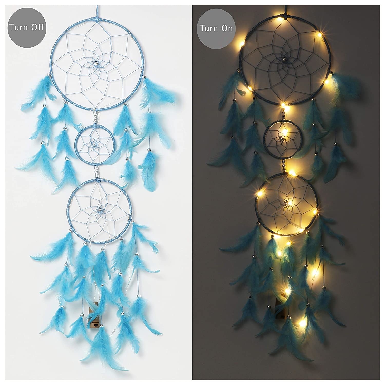 A collage of the dreamcatcher with and without the fairy lights turned on