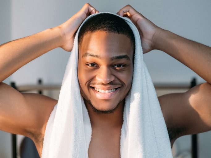 A man smiling with a towel draped over his head