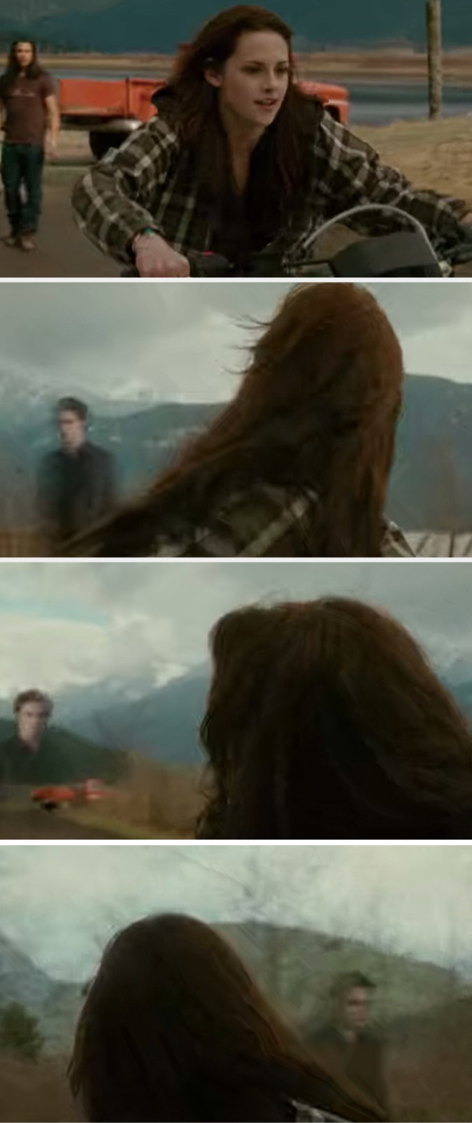 In the New Moon movie, Bella sees Ghost Edward a bunch while she&#x27;s riding the motorcycle