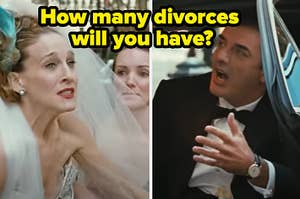 Carrie Bradshaw and Big are shouting at each other with "How many divorces  will you have?" written above them