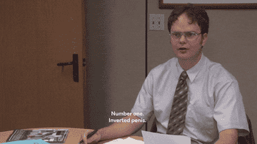 Dwight and Meredith talk in a conference room meeting