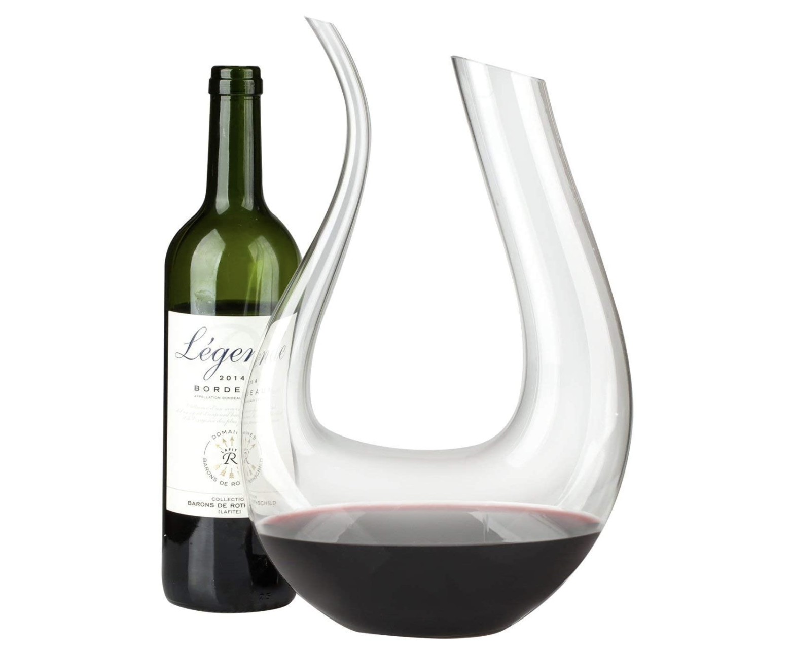 U shaped decanter with red wine