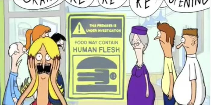 A bob&#x27;s burgers character running screaming from a sign that says &quot;food may contain human flesh&quot;