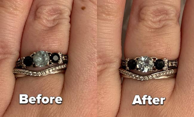 A split image of a reviewer's ring before and after using the cleaning pen 