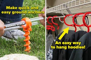 L: a model using a large orange screw into the ground and text reading "Make quick and easy ground anchors", R: red hoodie hangers and text reading "an easy way to hang hoodies" 
