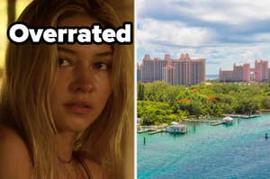 Sarah is on the left labeled, "Overrated" with view of Atlantis Bahamas on the right