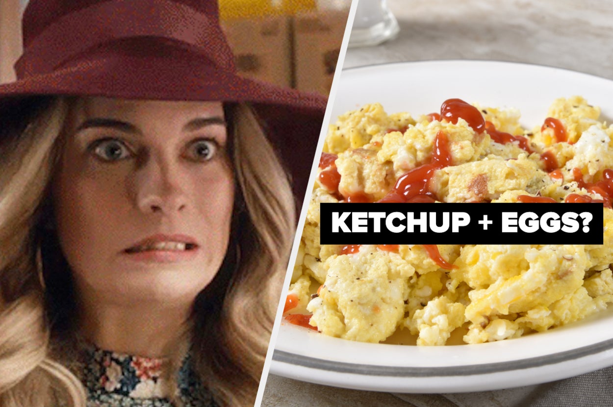Alexis from Schitt's Creek grimacing at ketchup on eggs