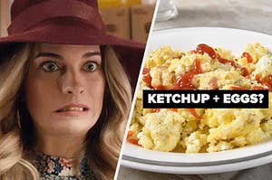 Alexis from Schitt's Creek grimacing at ketchup on eggs