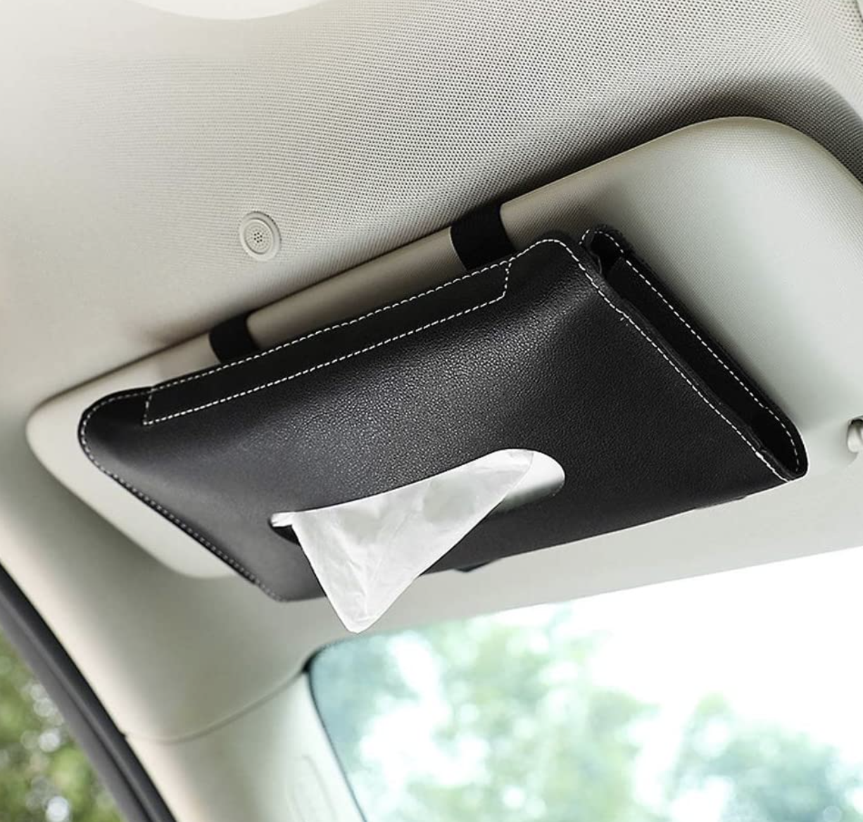 tissue box attached to car sun visor