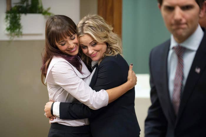 Leslie and Ann embrace during the series finale