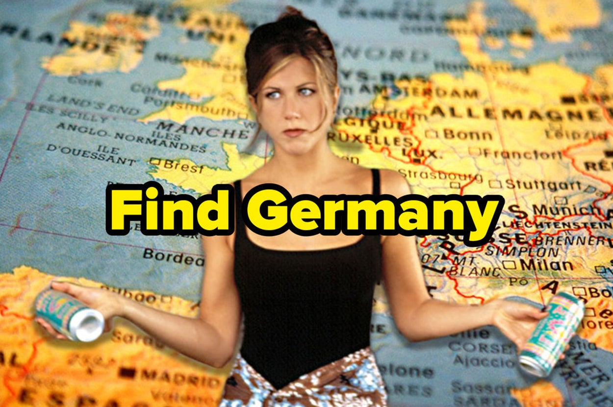 Jennifer Aniston looking confused over a map of Europe with the caption "Find Germany"