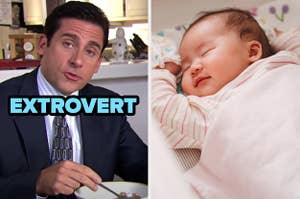 On the left, Michael Scott from "The Office" labeled "extrovert," and on the right, a cute sleeping baby