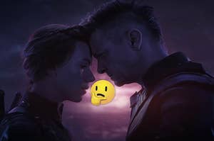 Nat and Clint are huddled together in a galaxy with a think face emoji in the center