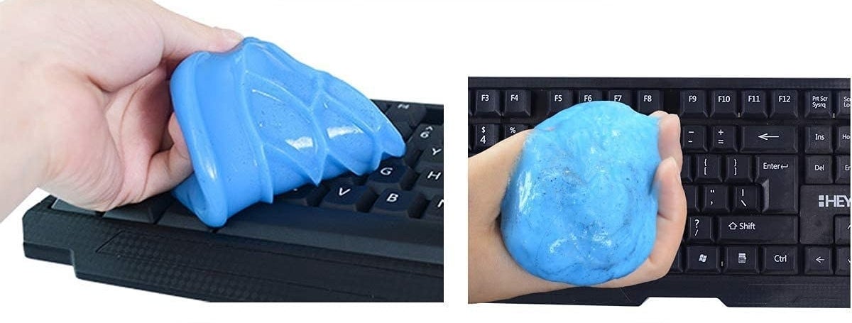 A keyboard being cleaned using goopy gel