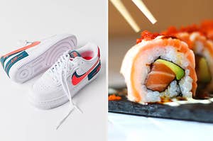 sneakers on the left and sushi on the right