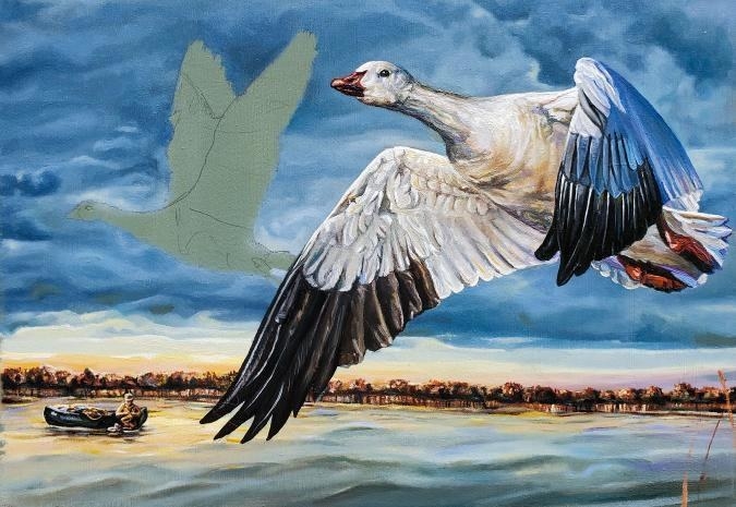 Fennell&#x27;s work in progress shows two geese in flight over a body of water