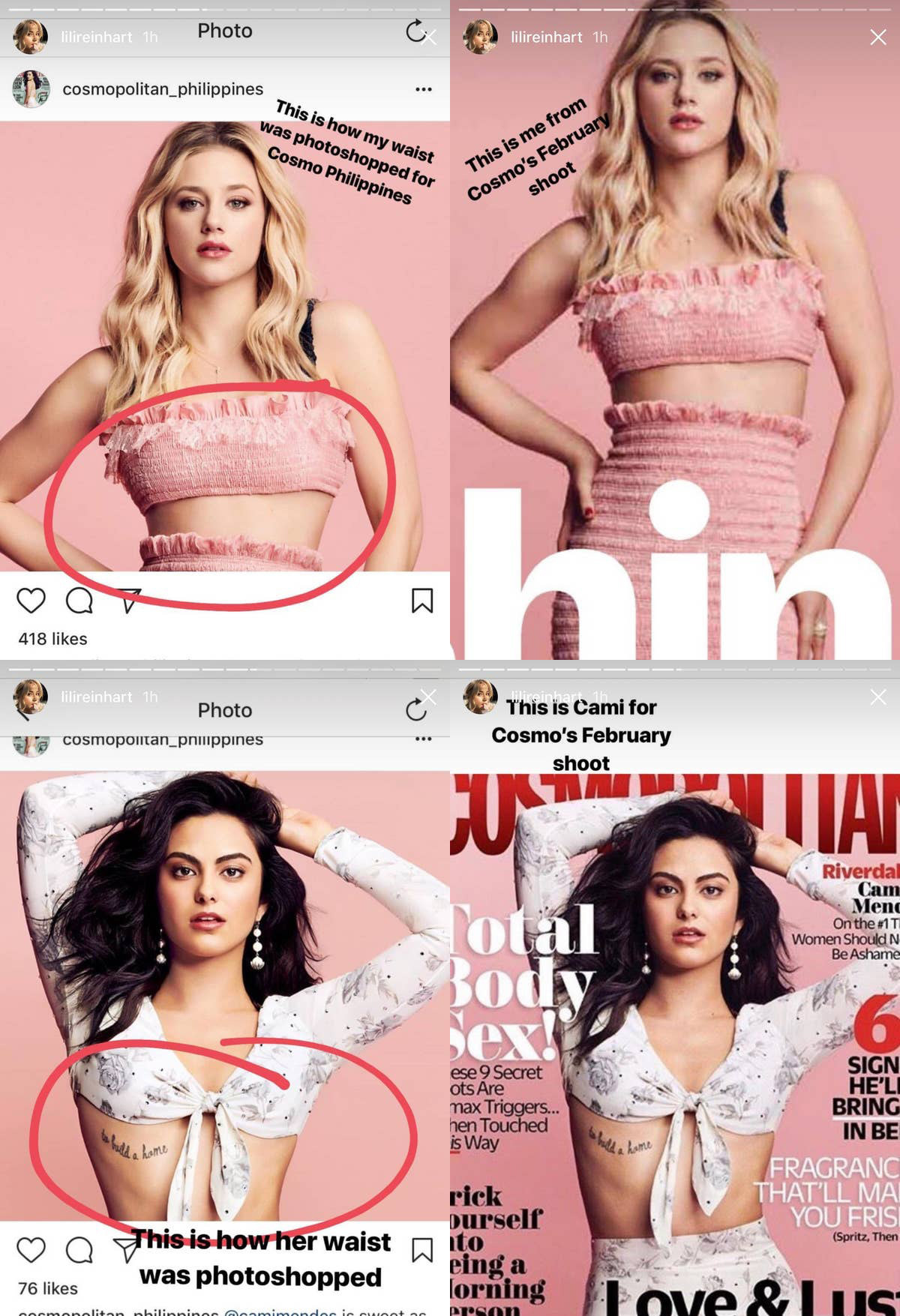 Two sets of side-by-sides with the photoshopped waists of each woman circled in red