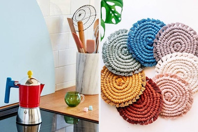 a colorful moka pot and a set of seven hand crocheted coasters