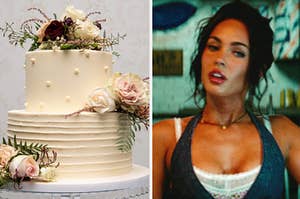 a white wedding cake covered in flowers on the left and megan fox on the right